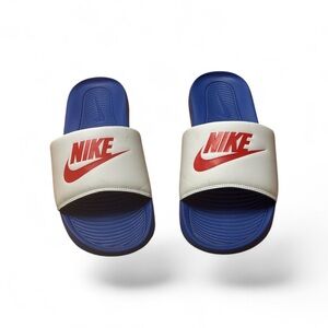 Nike Blue Slides with White Strap and Red Logo